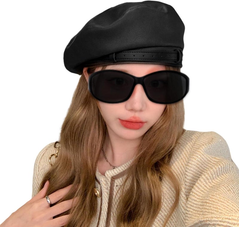 MINGSEECESS Women PU Leather French Black Beret Hat Causal Beanie Hat - Image 4